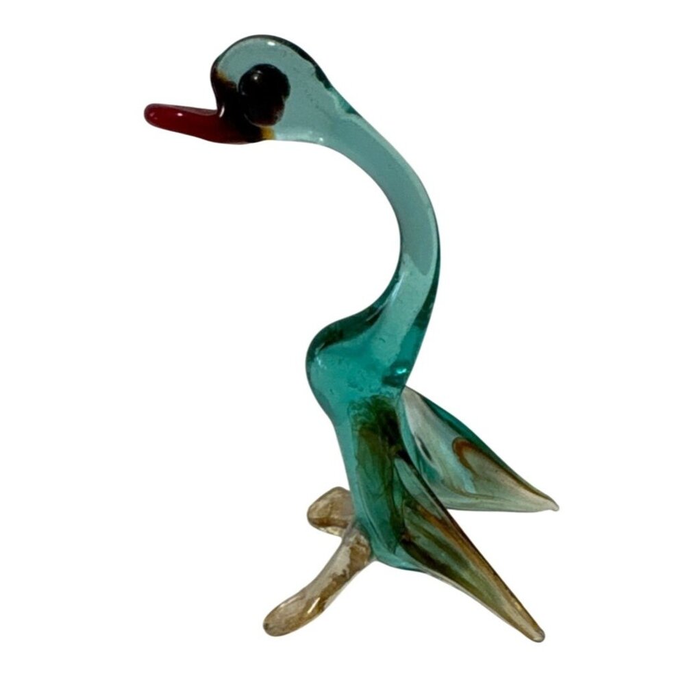 Hand Blown Glass Bird Duck Goose Figurine Aquamarine Red Beak & Clear Feet 2.5"